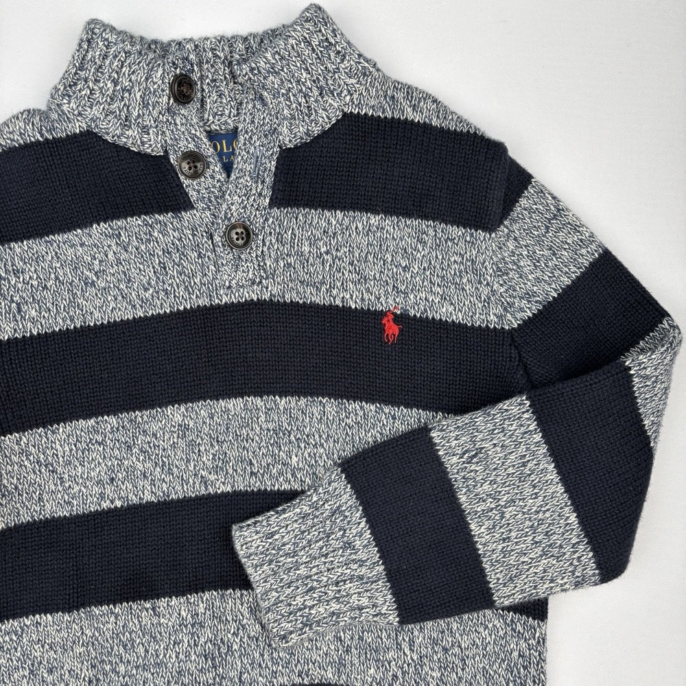 Polo Ralph Lauren Sweater Boys Size 6 Navy Blue Striped Mock Neck Preppy Classic